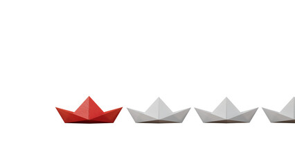 Different business concept.new ideas. paper art style.Leadership concept with red paper ship leading among white boats.Supports PNG files with transparent backgrounds. © feng