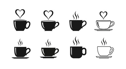 Obraz premium Coffee cup vector icons with hot beverage steam in heart and swirl shapes collection of black and white line art and silhouettes on clean background