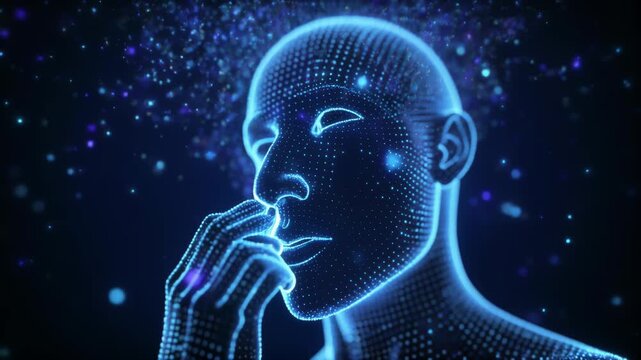 青い光粒子に包まれ涙をこらえる3D感情ポートレート