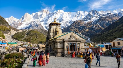 Kedarnath Temple, Himalayas: Hindu Pilgrimage Site with Snow-Capped Peaks © Fakhru
