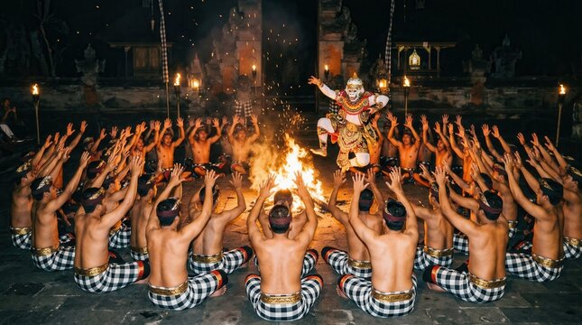 Dramatic Kecak dance performance with men sitting in circle around fire at night