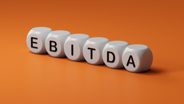 wooden dice with EBITDA business word.close up of wooden dice,Business Concept.3D rendering.