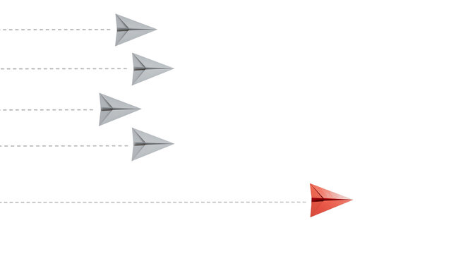 3d paper planes in the sky. Origami aircraft. Geometric shape symbol. Concept of business, leaderplane, success, education, teamwork mission , think different