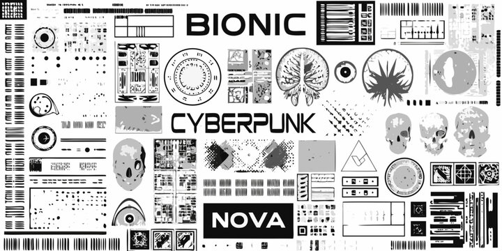 Cyberpunk collage with bionic eyes skulls and abstract geometric shapes in monochrome