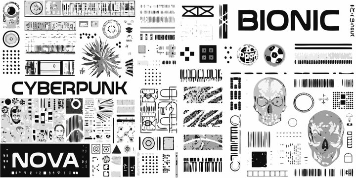 cyberpunk collage with robotic elements skulls and geometric shapes in monochrome
