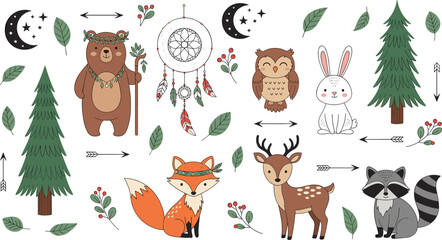 Fototapeta premium Cute Tribal Woodland Forest Animals Vector Clipart Set with Bear Fox Owl Deer Dreamcatcher and Pine Trees for Kids Nursery Graphic Designs