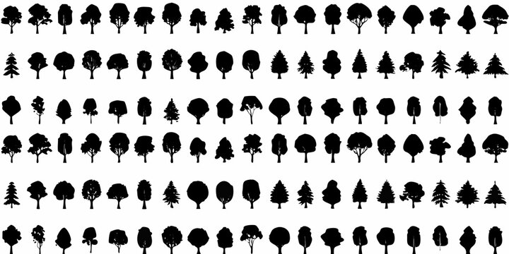 Collection of black tree silhouettes arranged in a systematic grid on a white background