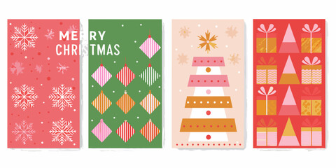 Four christmas card designs with festive patterns ornaments and holiday greetings © Bithi