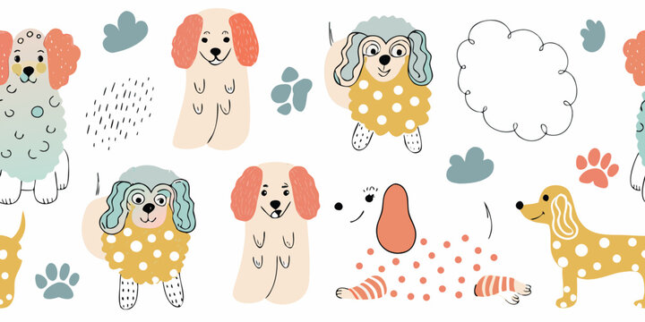 hand drawn dog breeds pattern with poodle bulldog and dachshund illustrations on white background