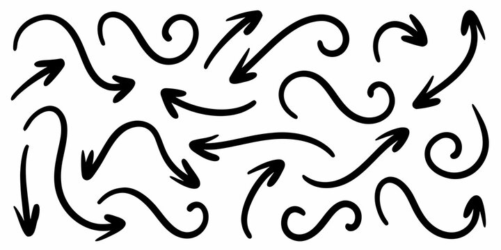 Collection of hand drawn curved black arrows on a white background flowing directional indicators