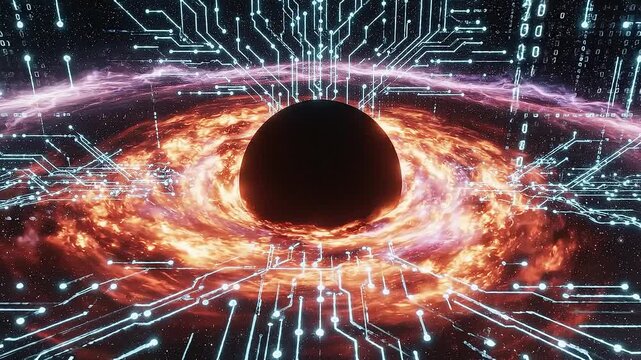 Digital Black Hole with Circuit Board and Binary Code in Space