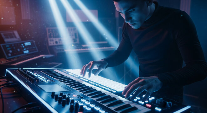 Musician producing electronic music on keyboard synthesizer in modern dimly lit studio