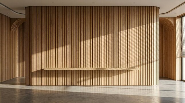 Modern minimalist interior with curved wooden slat wall and floating shelf illuminated by natural sunlight