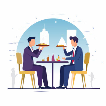 Businessmen dining at a restaurant with city skyline background