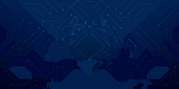 Wireframe hands reaching towards each other polygonal design on a dark blue background