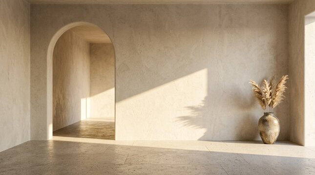 Interior archway with pampas grass in a modern minimalist room with sunlit walls and shadows