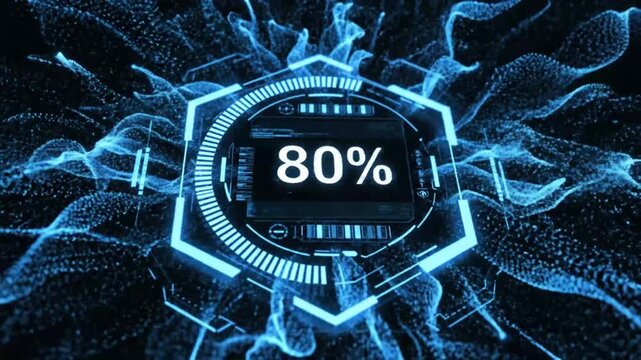 Futuristic blue hud element with particle cluster on dark background, technology concept loop, abstract video animation showing a glowing hexagonal interface with a central of sparkling particles
