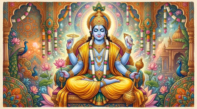 Lord Vishnu Meditating in Golden Palace, Holding Conch and Lotus