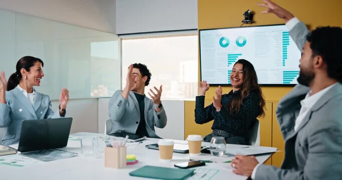 Happy, fist bump and applause with business people in meeting for collaboration or winning together. Excited, group or employees clapping with smile or hands in unity for team performance or success