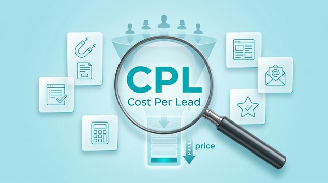 Cost per lead cpl marketing concept with magnifying glass over a sales funnel and digital icons on a light blue background