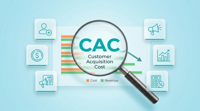 Customer acquisition cost concept with magnifying glass over a bar chart showing decreasing costs and increasing revenue on a blue background