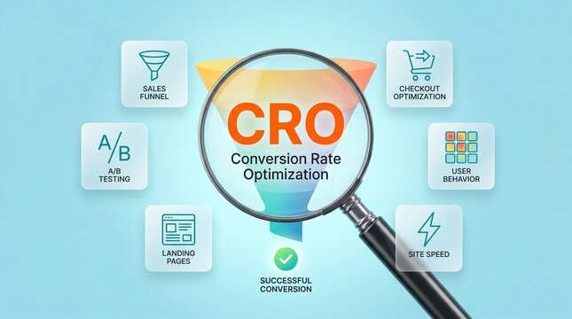 Conversion rate optimization cro concept with funnel, magnifying glass and digital marketing icons