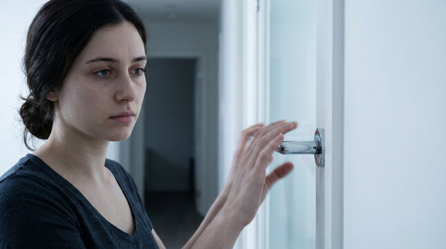 A woman rechecks a locked front door seven times in quick succession, hand pulling the handle repeatedly, hallway light harsh and clinical, 3