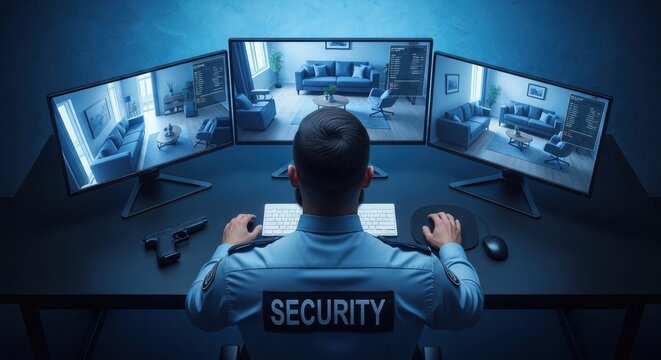 Security guard intensely monitors multiple surveillance screens in a dark control room, ensuring safety and vigilance.