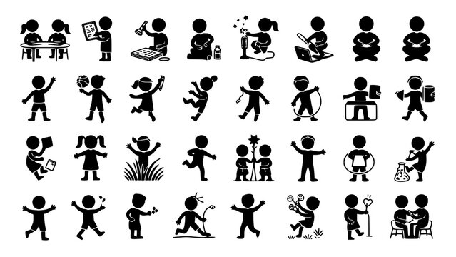 Collection of stick figures engaging in various daily activities and hobbies