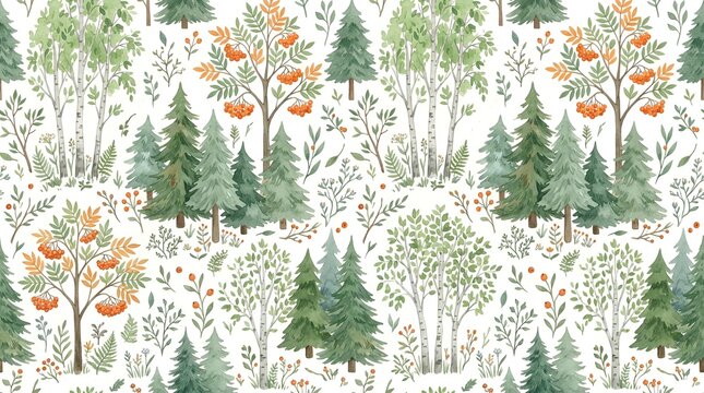 Seamless forest pattern with birch and pine trees, rowan berries, and foliage