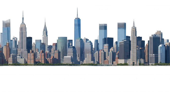 Panoramic view of the new york city skyline featuring the empire state building and one trade center isolated on a black background