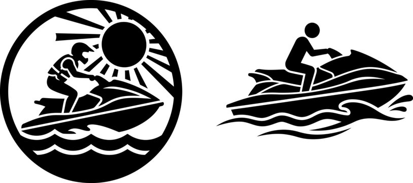 Jet ski watercraft icons black silhouette designs for marine recreation and water sports branding