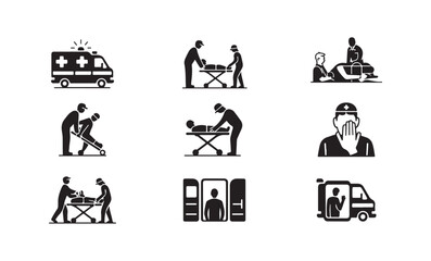Fototapeta premium Emergency medical responders performing rescue operations with ambulance and patient cots.