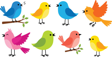 Obraz premium Cute Colorful Birds Cartoon Character Clipart Vector Set with Singing Flying and Sitting Poses on Branches for Kids Nursery Decor Designs