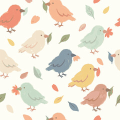 Obraz premium Colorful Birds with Flowers Seamless Pattern