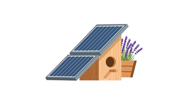 Solar panel combined with wooden birdhouse illustration.