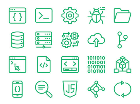 Green Software Development Line Icon Set. Professional green linear icons for coding, web development and devops