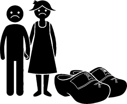 Sad man and woman standing next to wooden clogs
