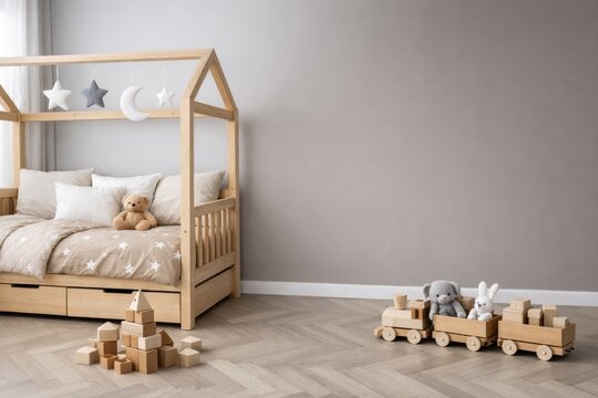 Cozy children's bedroom with wooden bed and blank wall mockup template. Ai generative