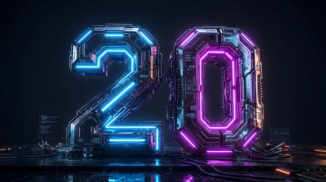 Futuristic 3D number twenty glowing with blue and purple neon lights in a cyberpunk style