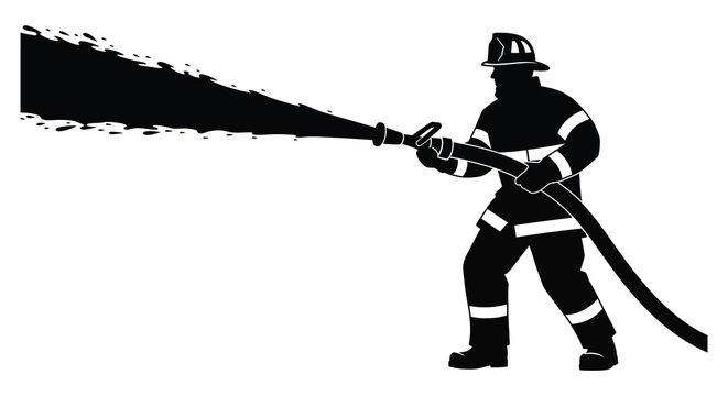 Firefighter spraying water from hose in protective gear black silhouette