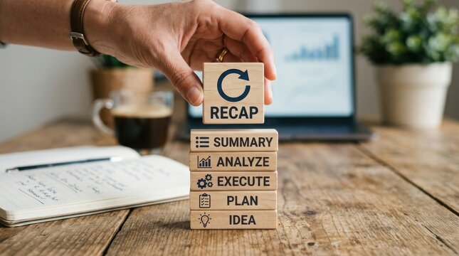 Person holding recap business blocks near laptop