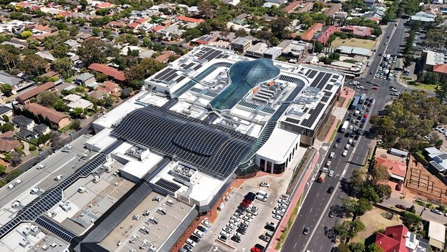 Burnside Village, Glenside, Adelaide, South Australia: 4K aerial drone footage of residential houses, estates, shopping mall, streets, traffic and urban landscape