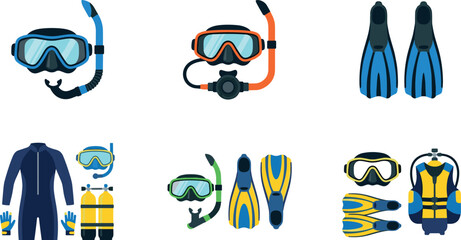 Scuba Diving Equipment Icon Collection with Snorkel Mask, Swim Fins, Wetsuit, and Underwater Adventure Gear for Marine Sports Designs © Auwal