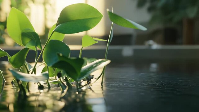 Green water plants thrive and reflect in gentle ripples of an indoor pond, bathed in warm sunlight through a window, evoking calm, serenity, and natural freshness