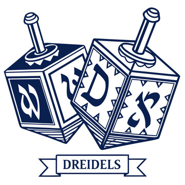 blue dreidels with hebrew letters vector illustration on a white background with decorative banner
