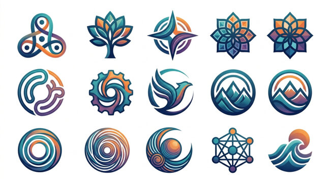 Collection of abstract circular and geometric logos with nature elements.