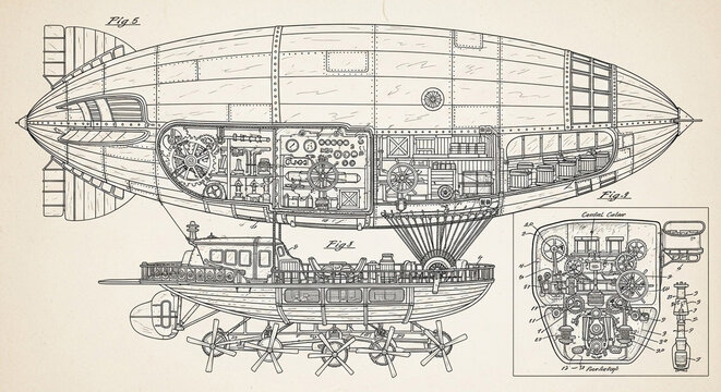 "Steampunk-themed technical drawing of an airship".