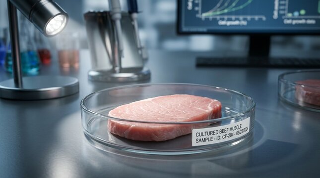 Cultured beef muscle sample in petri dish under laboratory light with computer monitor displaying growth charts