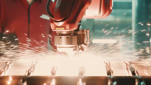 Robotic arm performing precision laser cutting on a metal surface, generating bright sparks in an advanced manufacturing environment, symbolizing industrial automation and modern technology